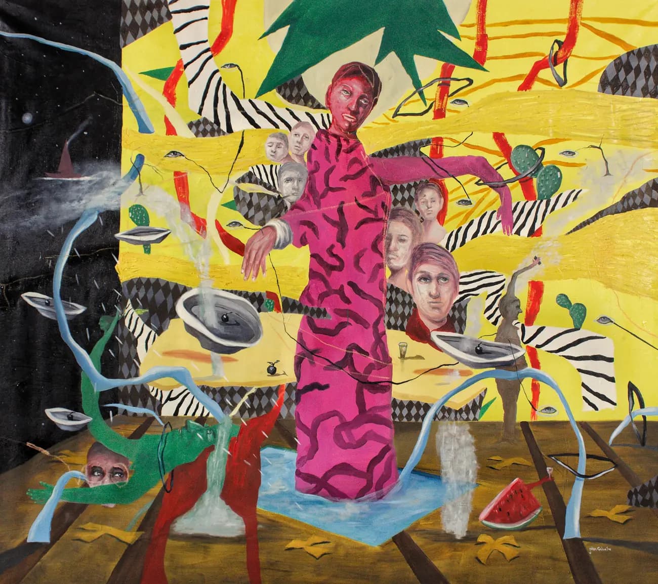 Work “En una cena en especial” (At a Special Dinner): figure in intense pink surrounded by masks on a yellow background